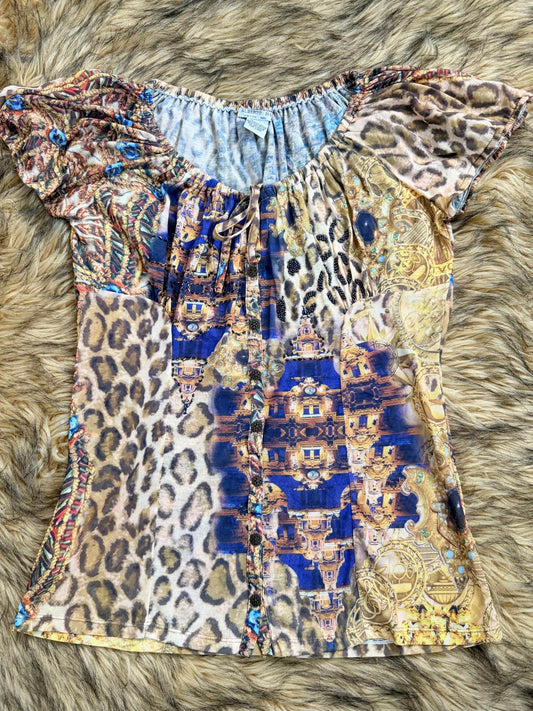 Vintage Y2k beaded top Alberto Makali Short Sleeve animal print button tshirt L