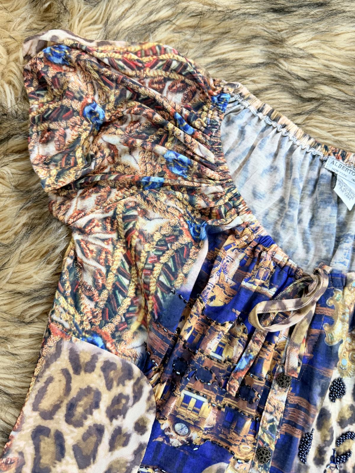 Vintage Y2k beaded top Alberto Makali Short Sleeve animal print button tshirt L