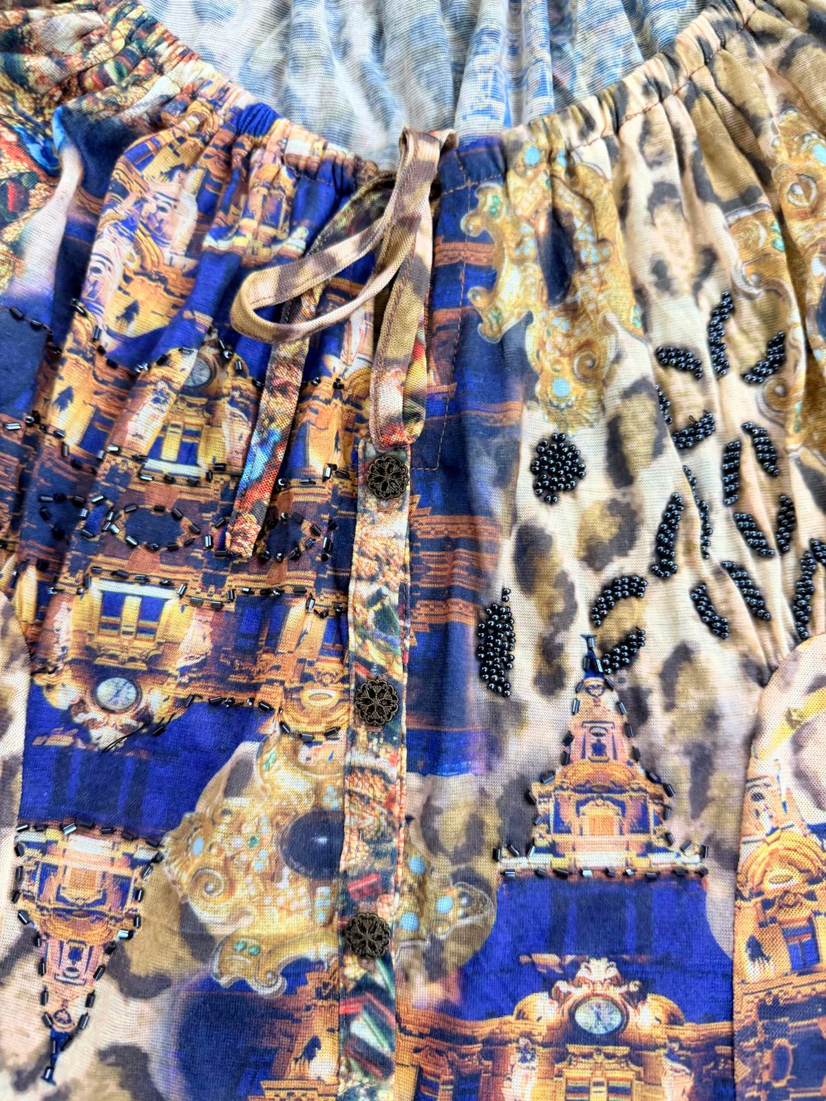 Vintage Y2k beaded top Alberto Makali Short Sleeve animal print button tshirt L
