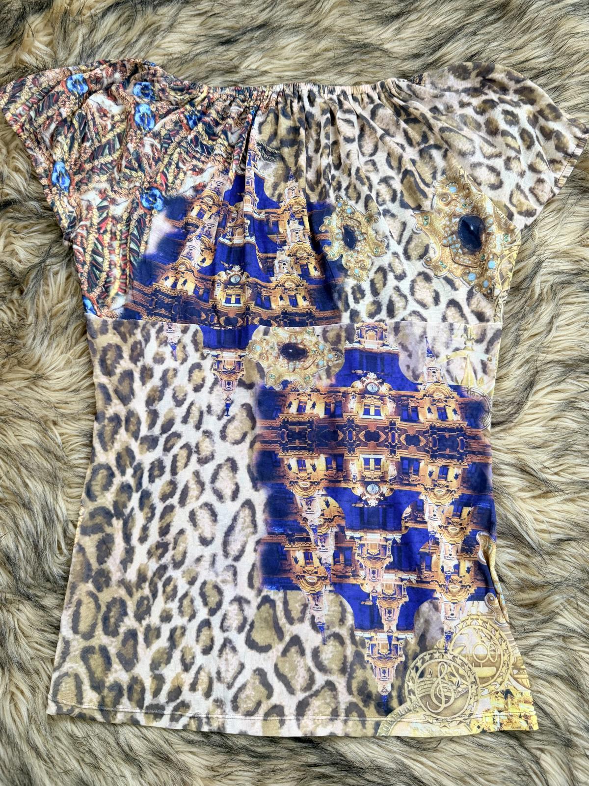 Vintage Y2k beaded top Alberto Makali Short Sleeve animal print button tshirt L