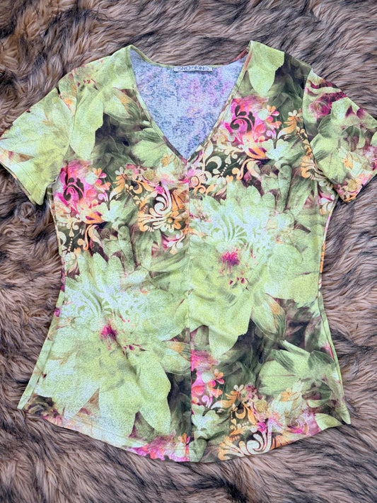 Vintage Y2K Mesh Top by SnoSkins V-Neck Short Sleeve floral Top size 16