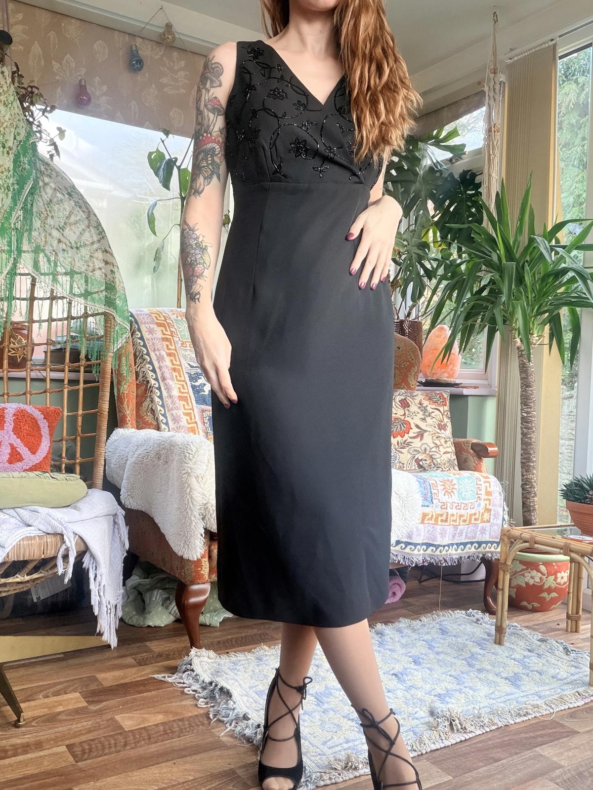 Vintage 1990s cocktail dress size 12 Elegant Black Midi Dress with Beaded Detail