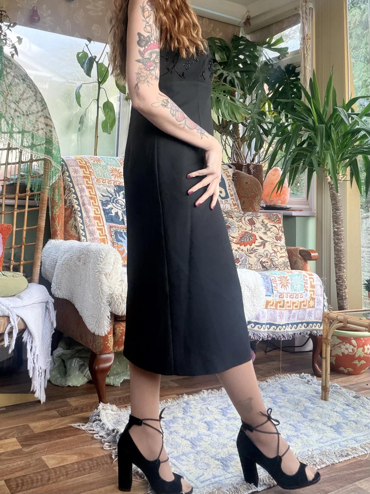 Vintage 1990s cocktail dress size 12 Elegant Black Midi Dress with Beaded Detail