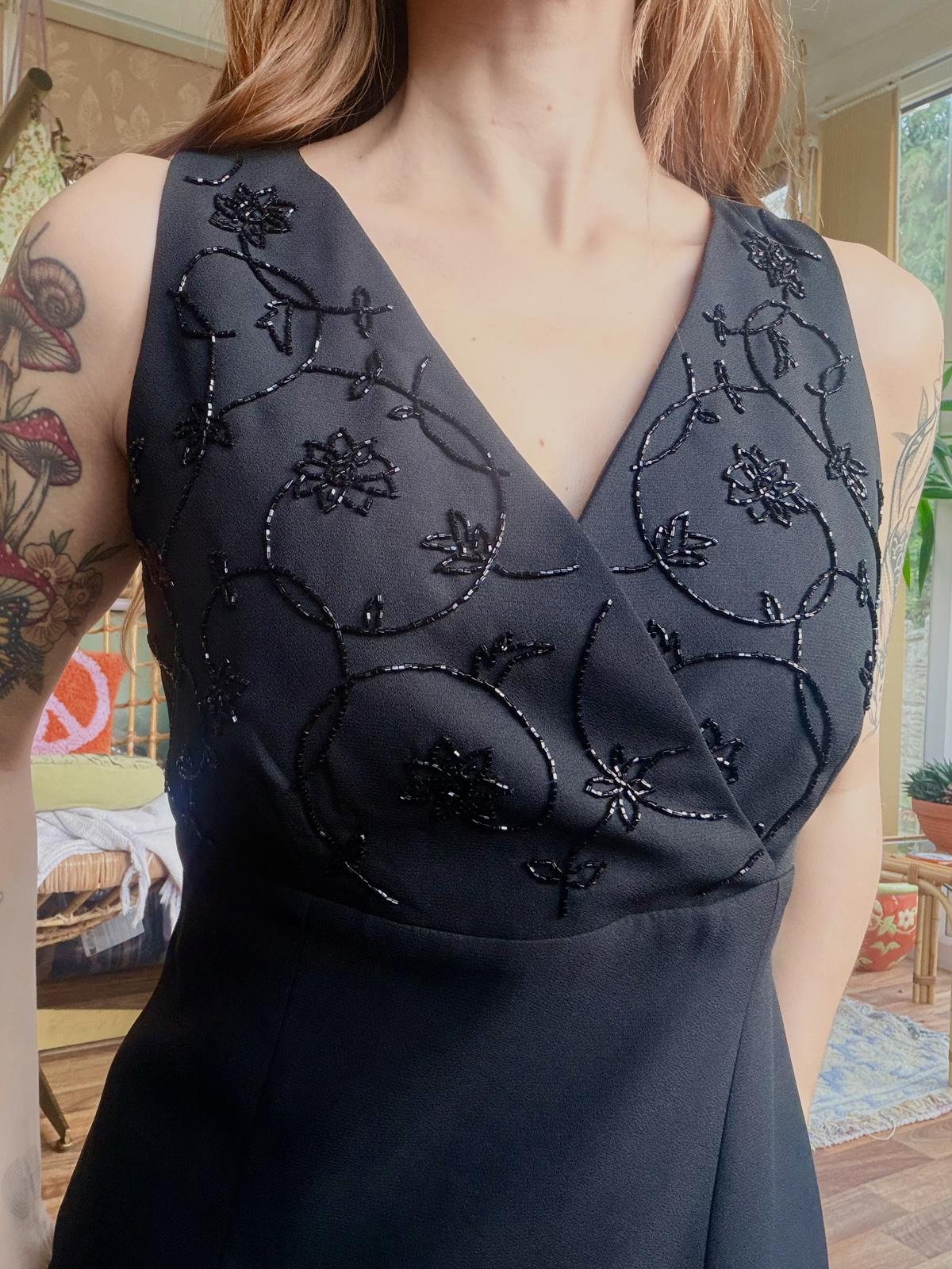 Vintage 1990s cocktail dress size 12 Elegant Black Midi Dress with Beaded Detail
