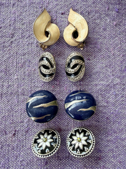 Vintage Clip On Earrings Set of 4 1980s chunky Jewellery Bundle