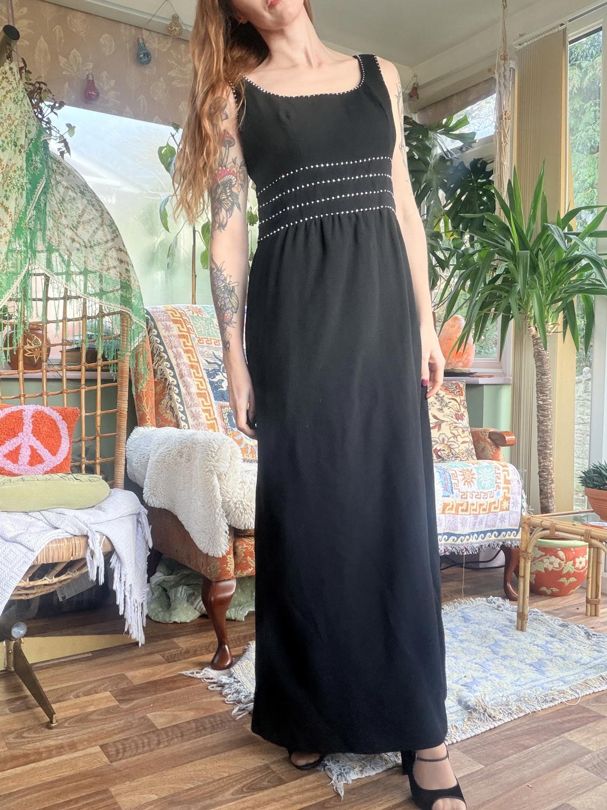 Vintage 1970s maxi dress black size 14 by Quinny retro wool Embellished Waist