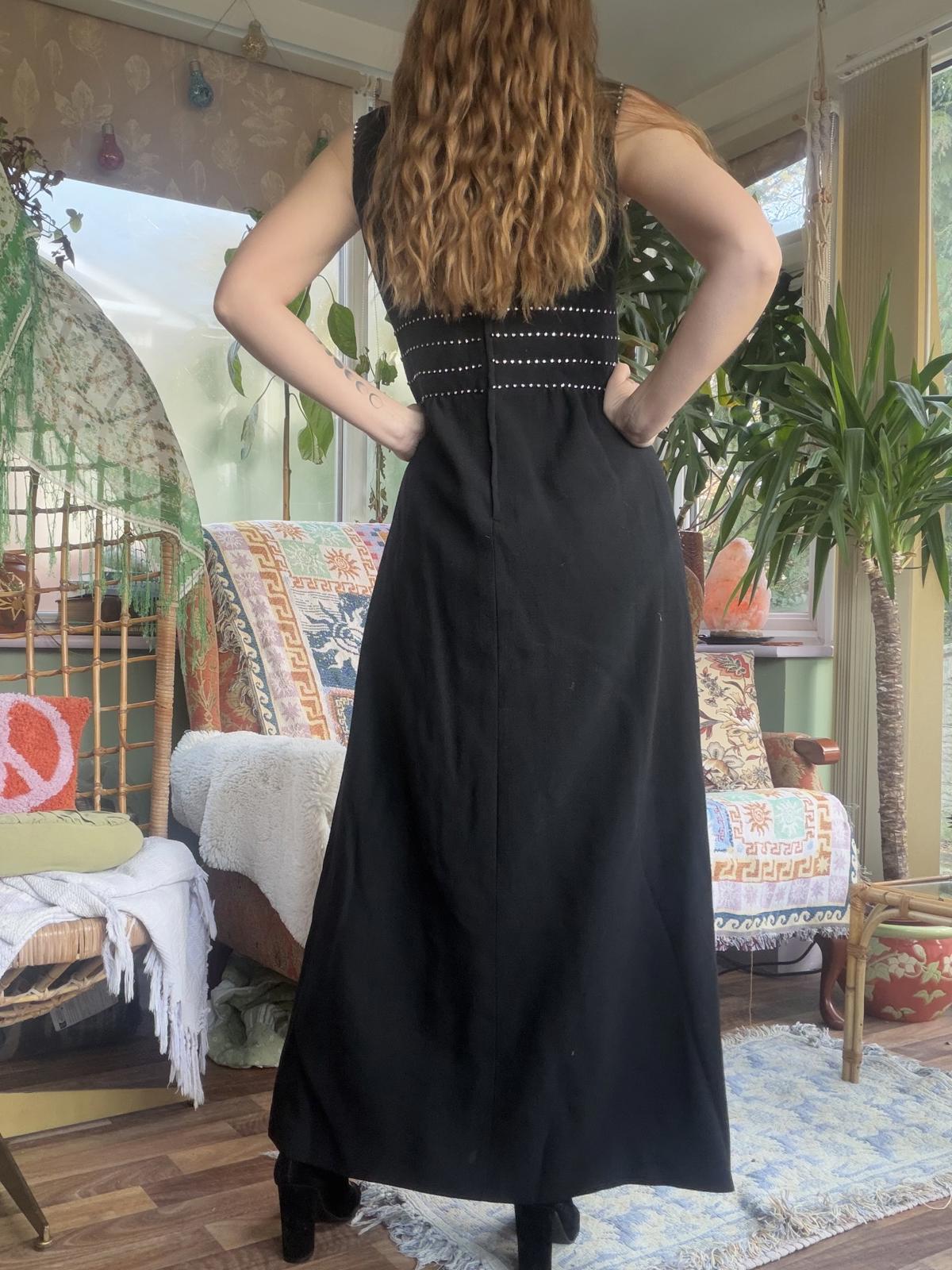 Vintage 1970s maxi dress black size 14 by Quinny retro wool Embellished Waist