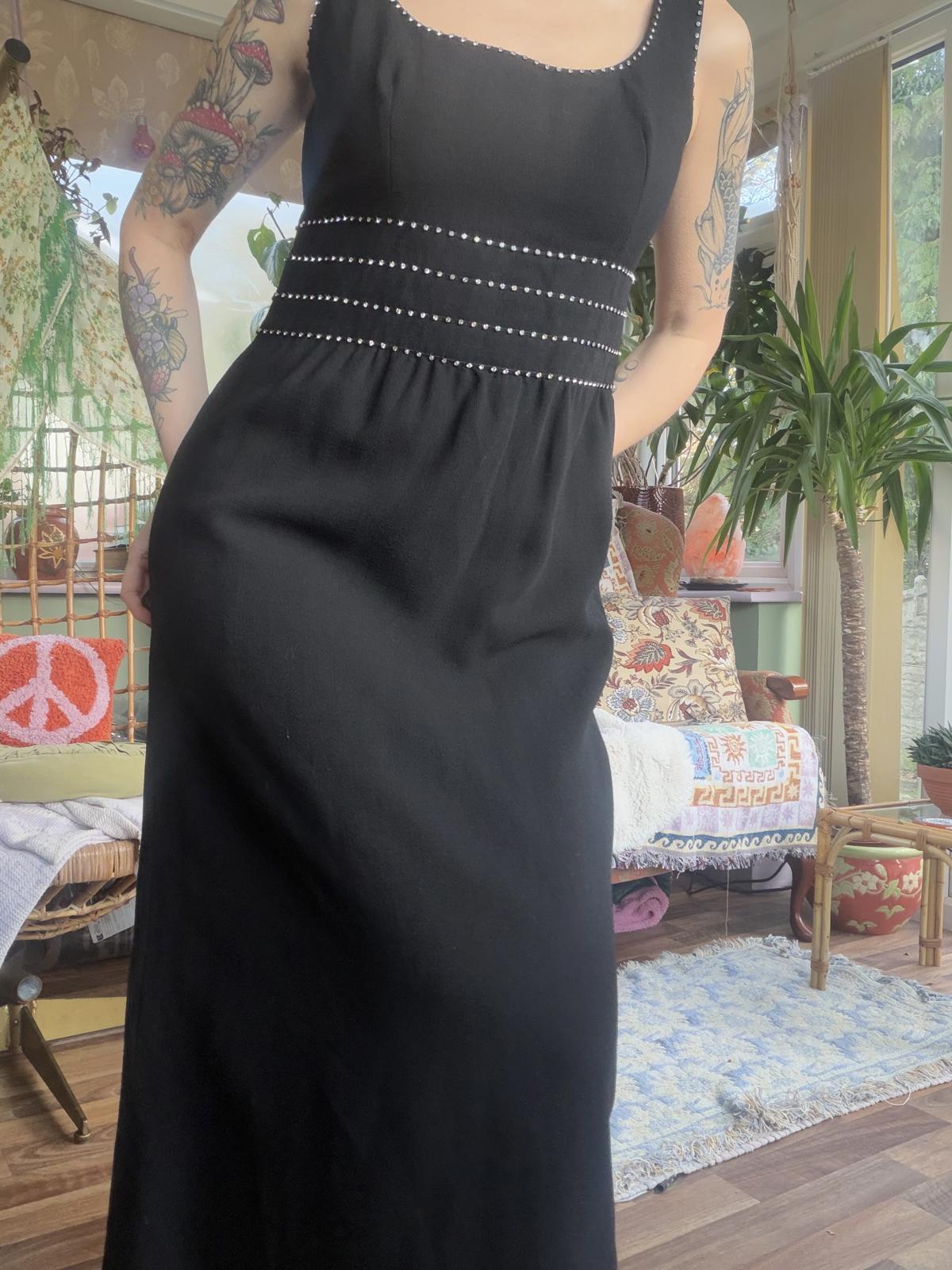 Vintage 1970s maxi dress black size 14 by Quinny retro wool Embellished Waist
