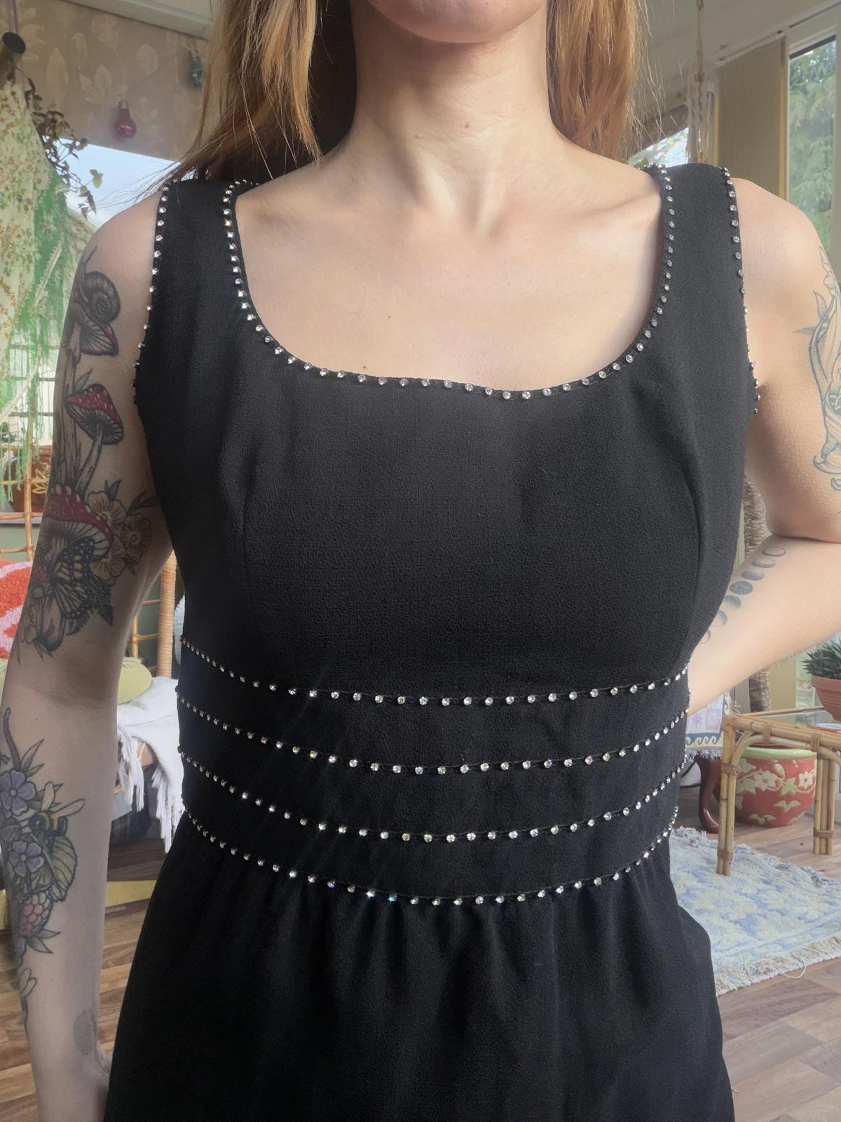 Vintage 1970s maxi dress black size 14 by Quinny retro wool Embellished Waist