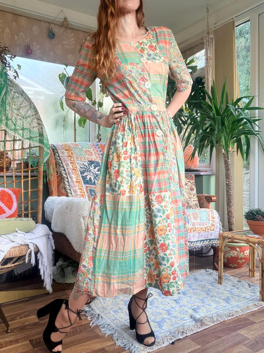 Vintage 1990s cottagecore dress 14 by Bogner Cotton Floral Checkered Patchwork