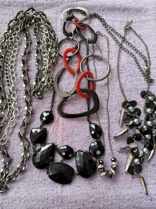 Vintage Necklaces Set of 5 Black Statement Jewellery with Mixed Chain Styles