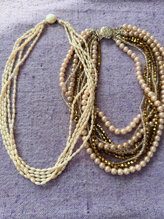 Vintage Necklaces set of 2 Multi Strand Beaded Necklace with Faux Pearl bundle
