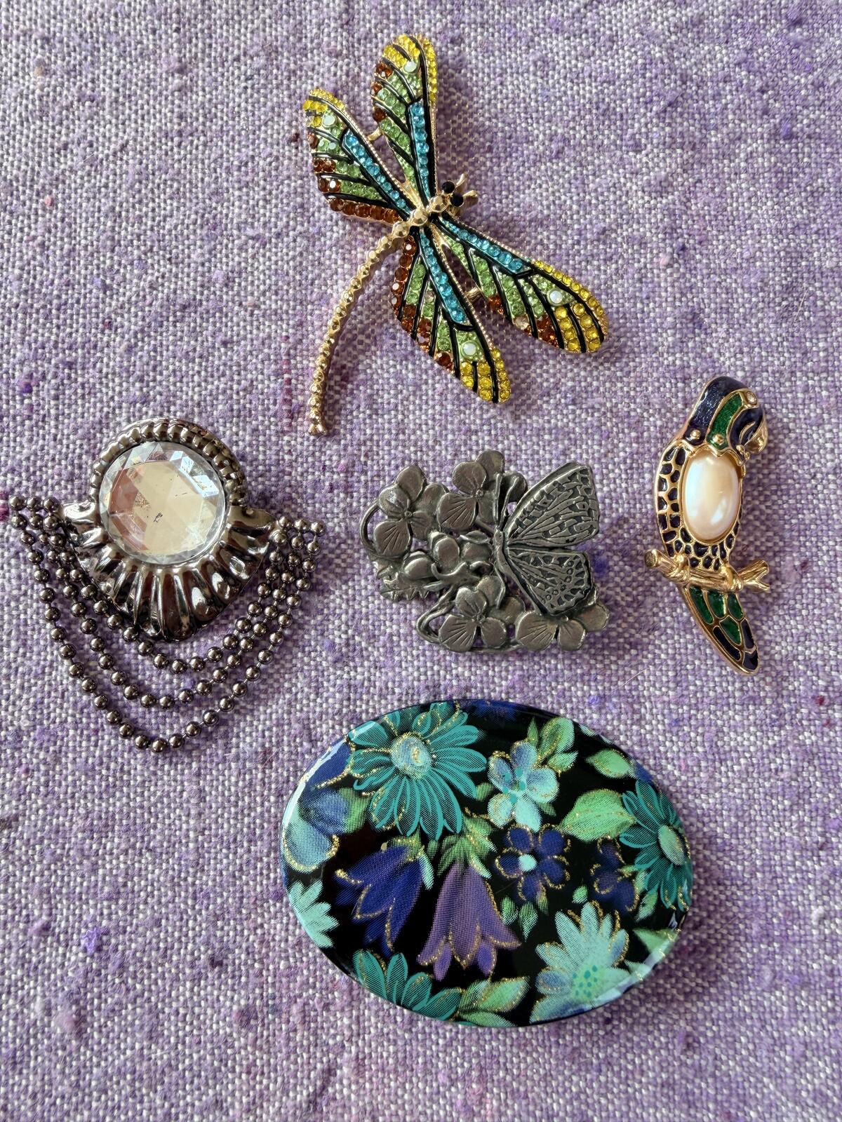 Vintage Brooches Set of 5 bundle whimsical flower butterfly dragonfly whimsy
