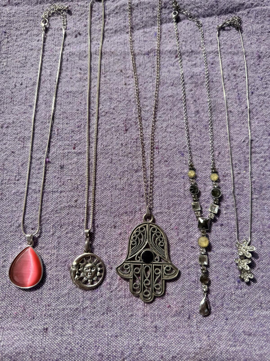 Hippie Boho Necklaces Bundle Set of 5 Silver Tone Pendants Sun Moon Hamsa