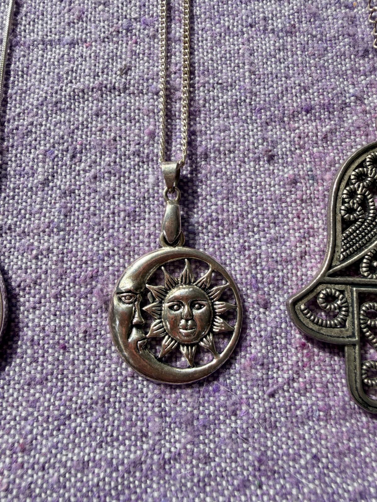 Hippie Boho Necklaces Bundle Set of 5 Silver Tone Pendants Sun Moon Hamsa