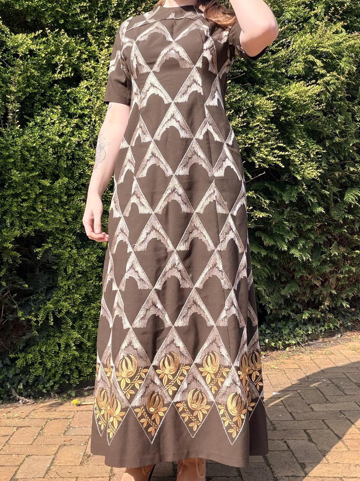 Vintage 1970s Maxi Dress Brown Embroidered Long with Geometric Detailing Size 12