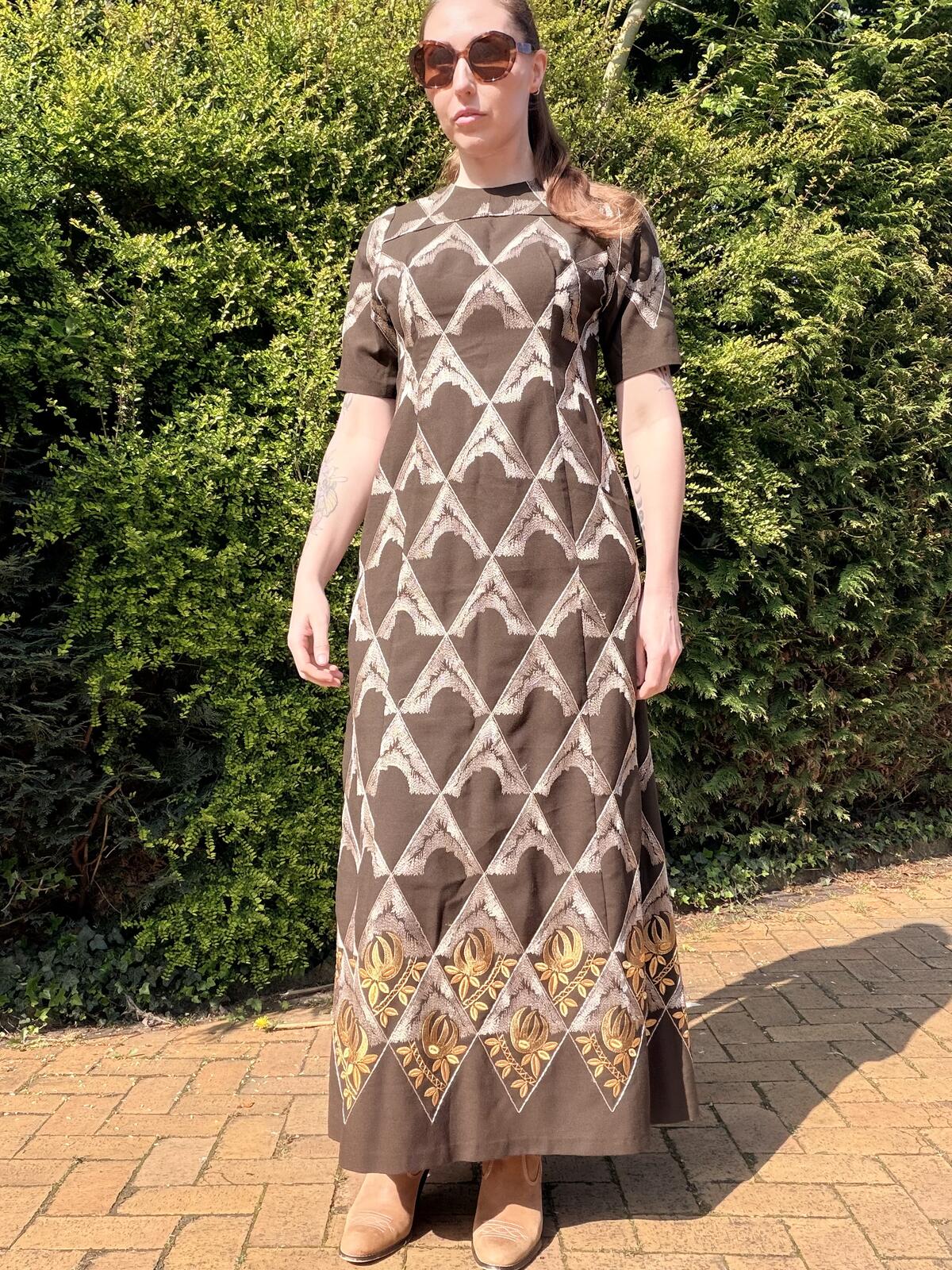 Vintage 1970s Maxi Dress Brown Embroidered Long with Geometric Detailing Size 12