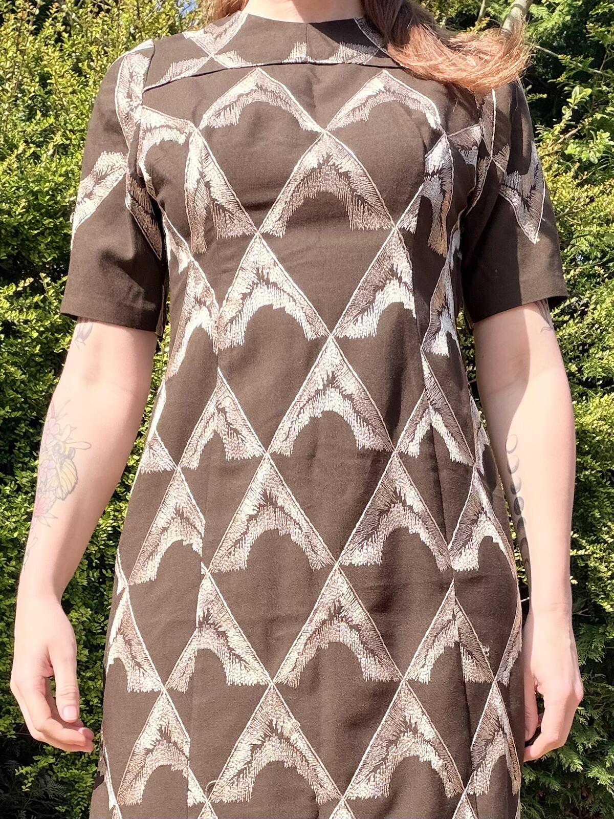 Vintage 1970s Maxi Dress Brown Embroidered Long with Geometric Detailing Size 12