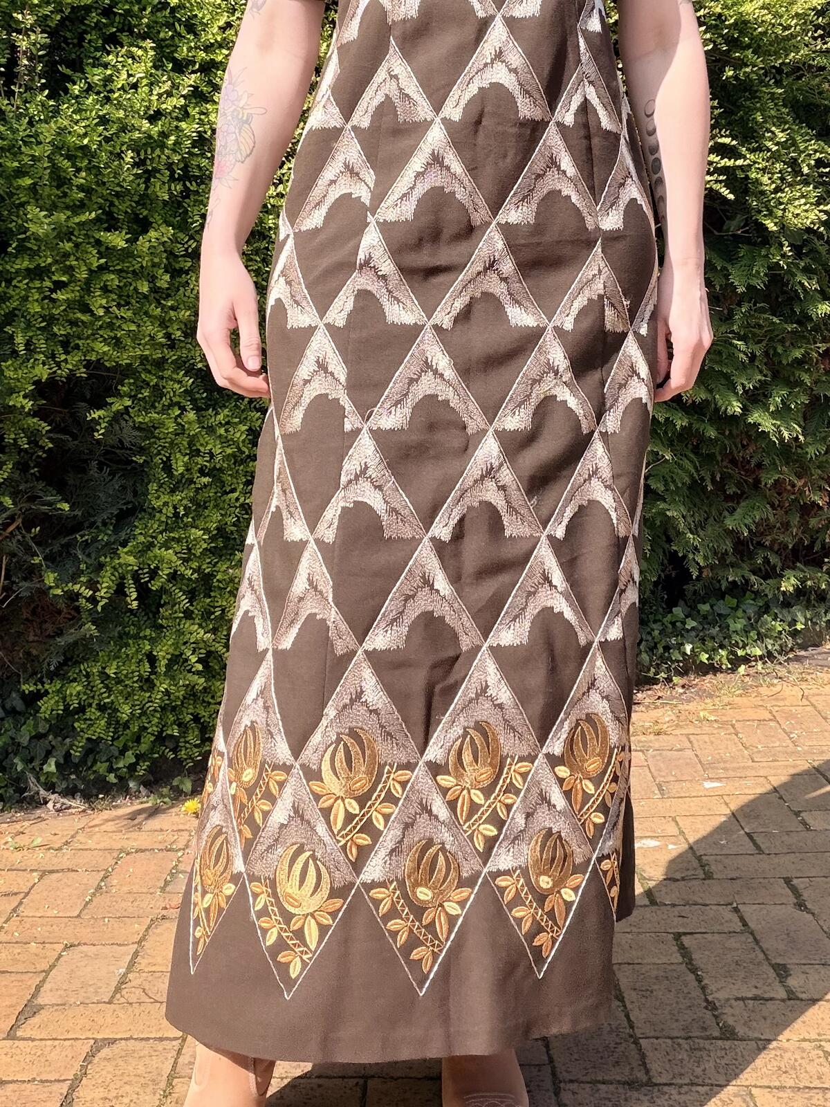 Vintage 1970s Maxi Dress Brown Embroidered Long with Geometric Detailing Size 12