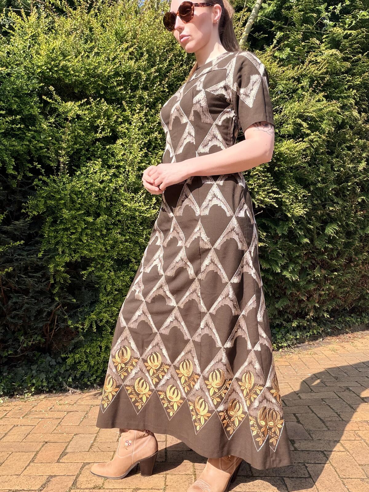 Vintage 1970s Maxi Dress Brown Embroidered Long with Geometric Detailing Size 12