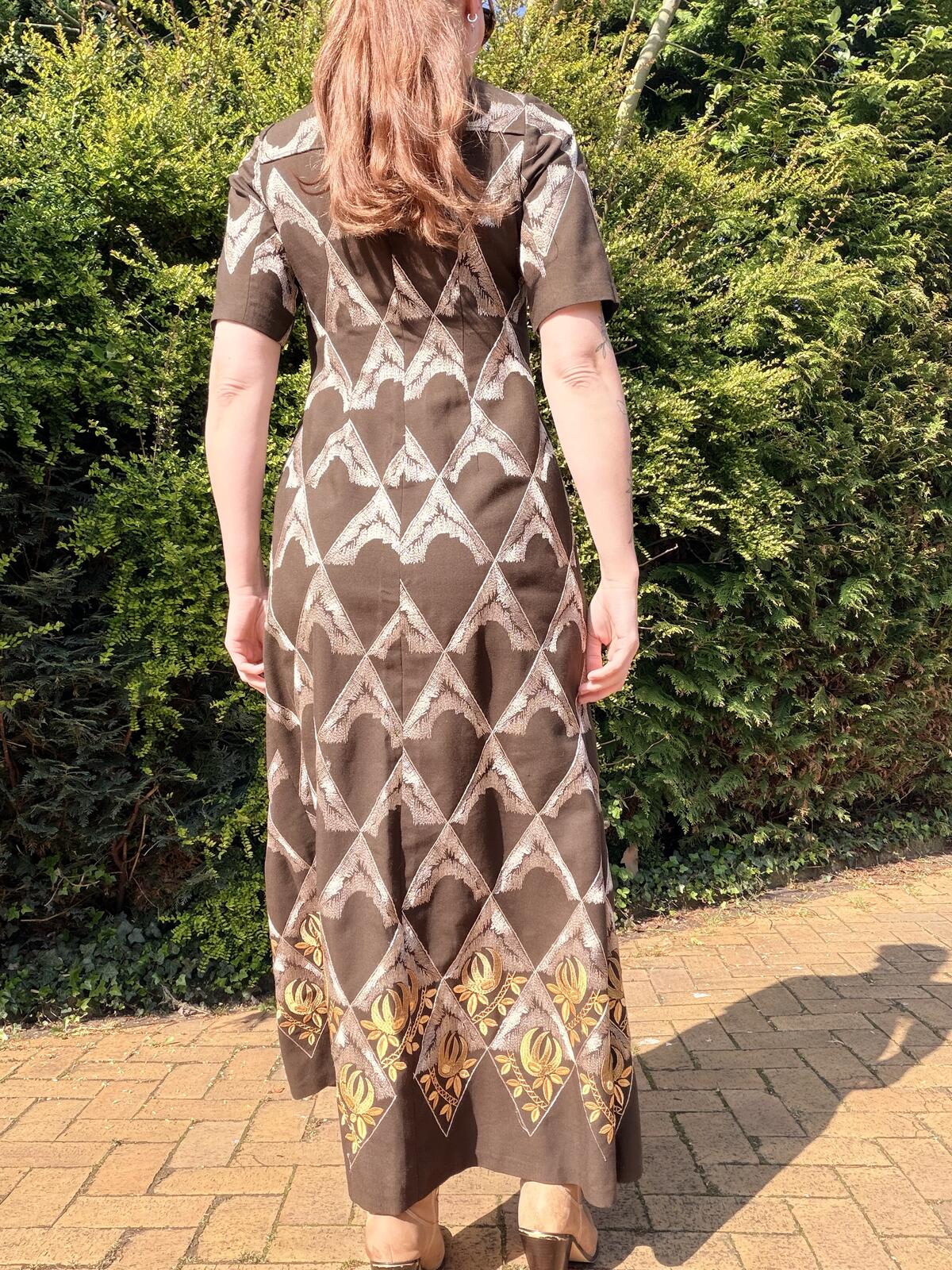Vintage 1970s Maxi Dress Brown Embroidered Long with Geometric Detailing Size 12