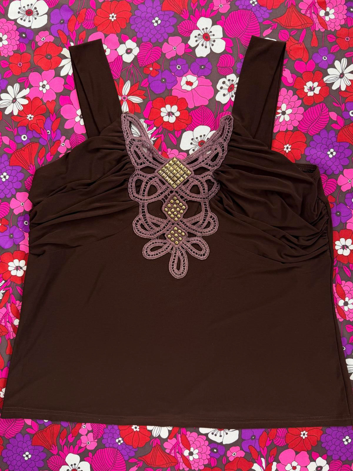 Vintage Y2K Cami Top Brown Sleeveless Top with Crochet and Stud Detail size 14