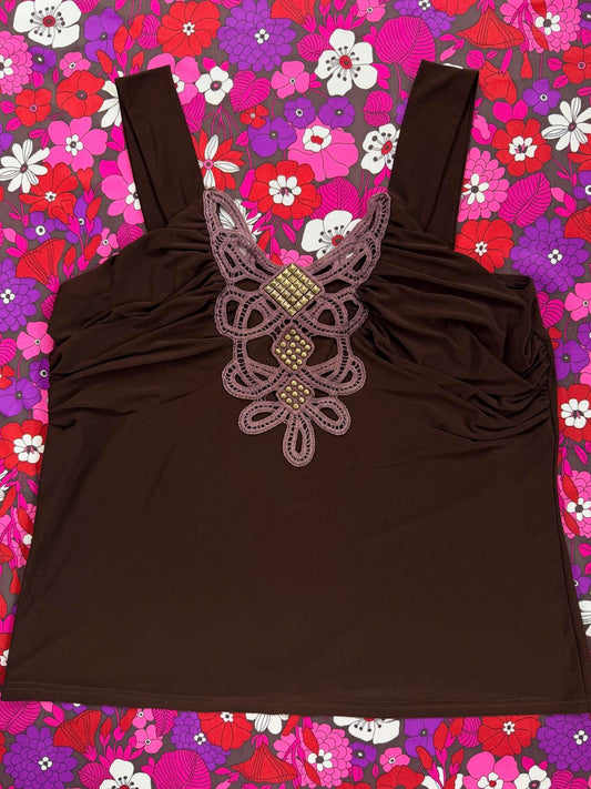 Vintage Y2K Cami Top Brown Sleeveless Top with Crochet and Stud Detail size 14