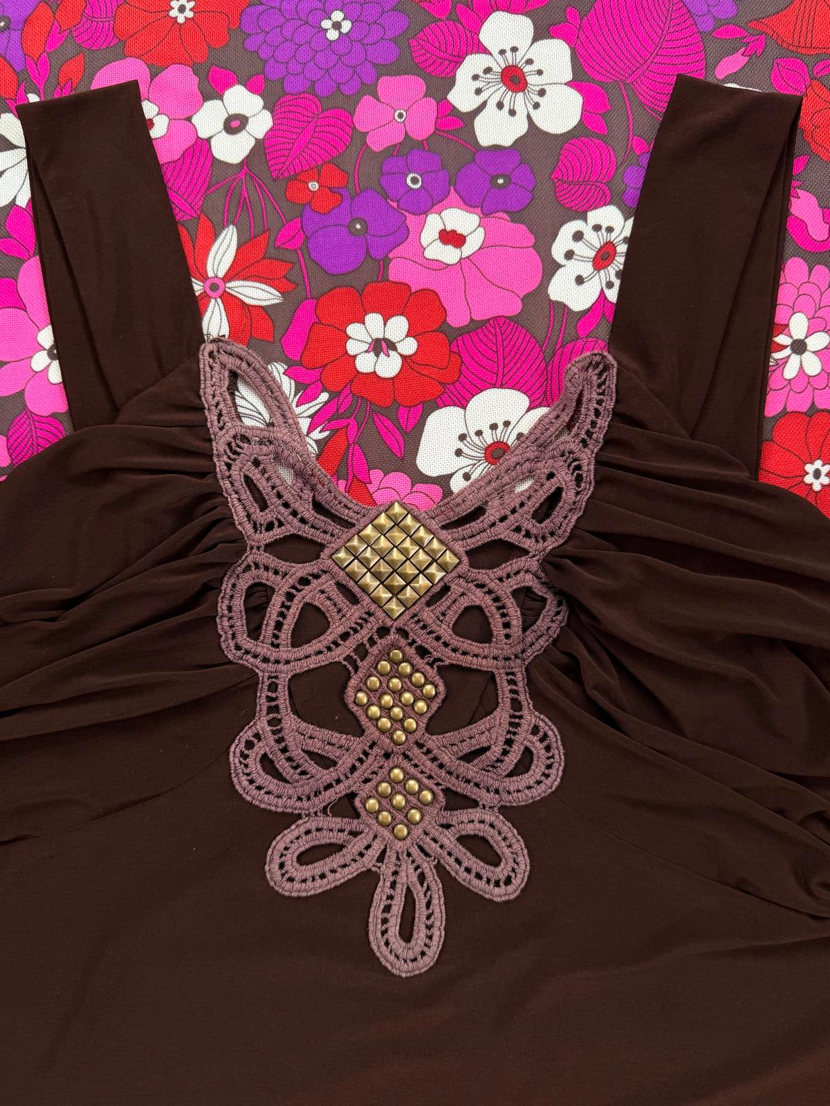 Vintage Y2K Cami Top Brown Sleeveless Top with Crochet and Stud Detail size 14