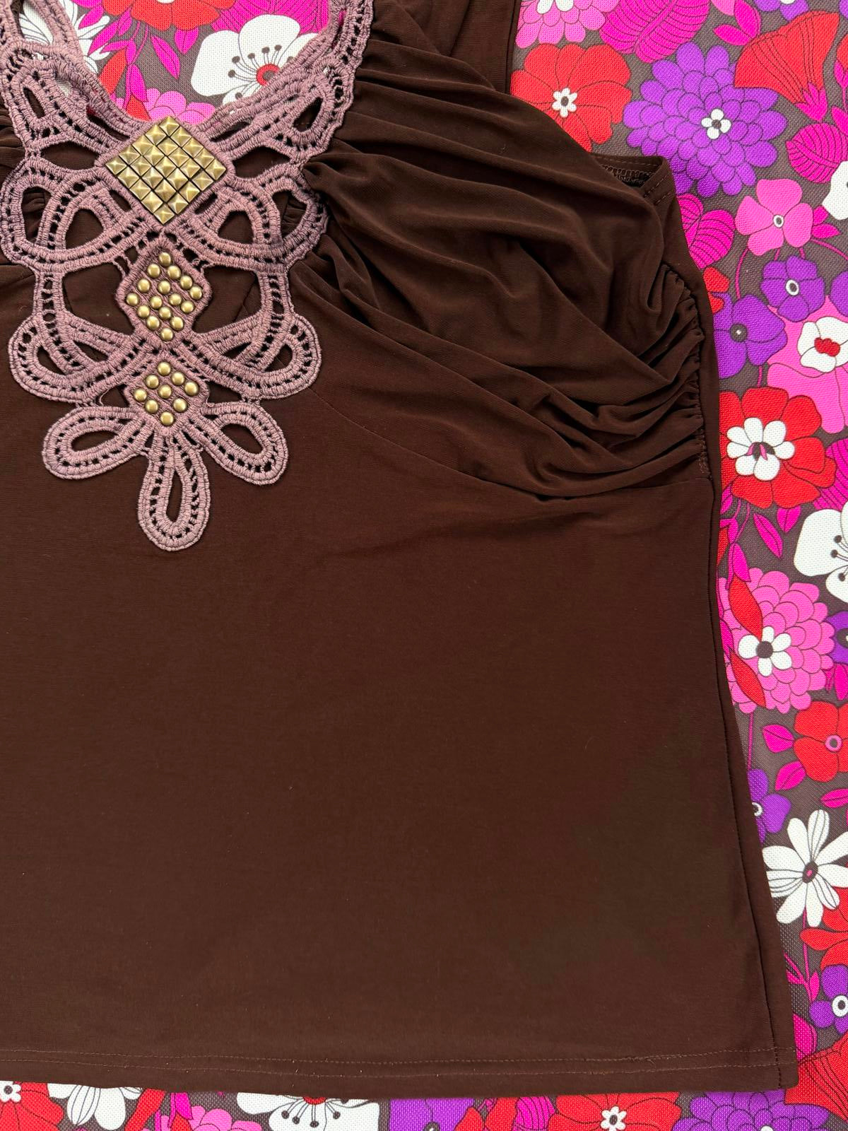 Vintage Y2K Cami Top Brown Sleeveless Top with Crochet and Stud Detail size 14