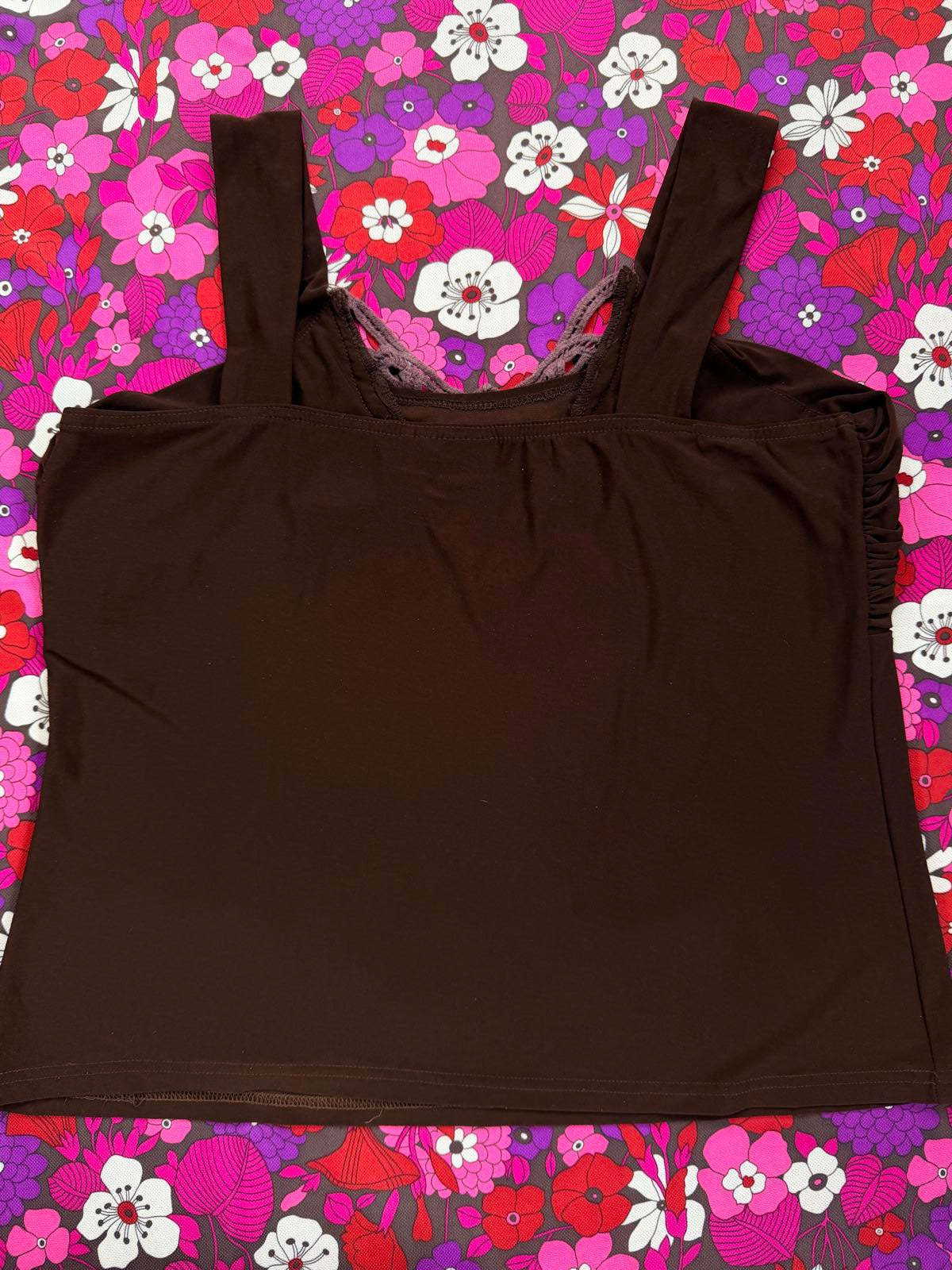 Vintage Y2K Cami Top Brown Sleeveless Top with Crochet and Stud Detail size 14