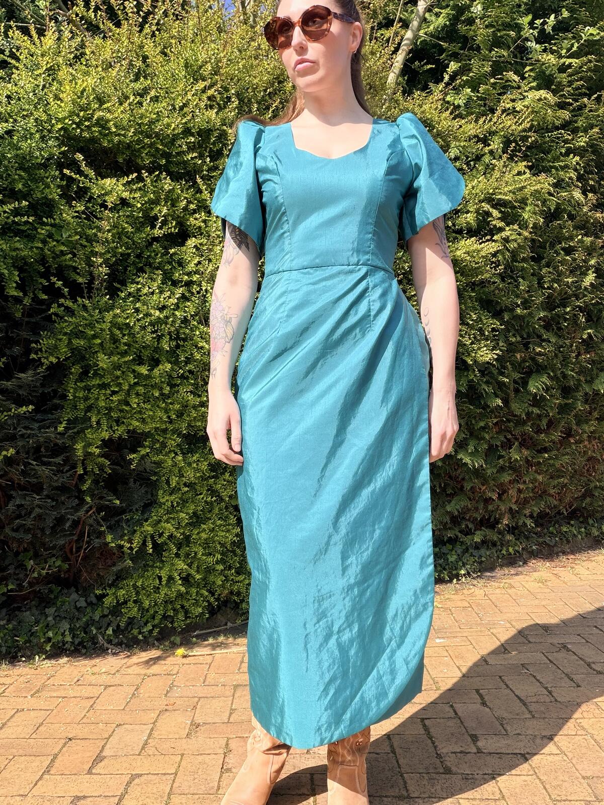 Vintage 1990s Cocktail Dress Teal Puff Sleeve Midi Dress Size 10 with Flowers