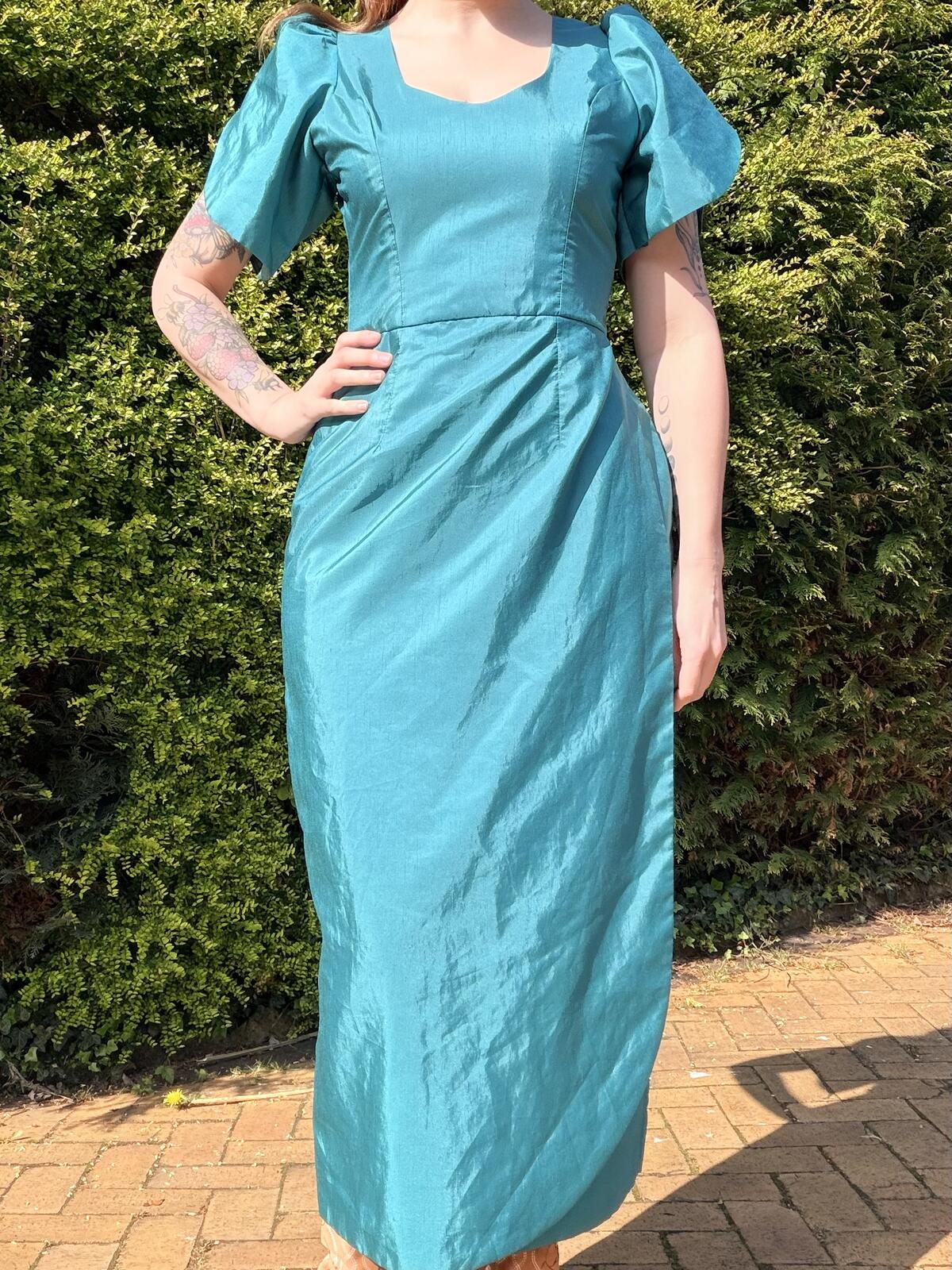 Vintage 1990s Cocktail Dress Teal Puff Sleeve Midi Dress Size 10 with Flowers