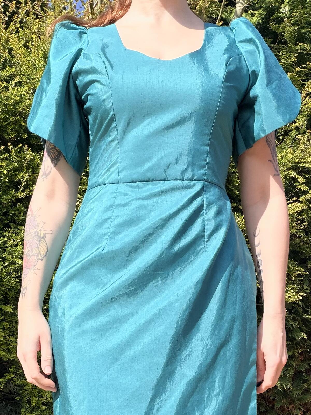 Vintage 1990s Cocktail Dress Teal Puff Sleeve Midi Dress Size 10 with Flowers