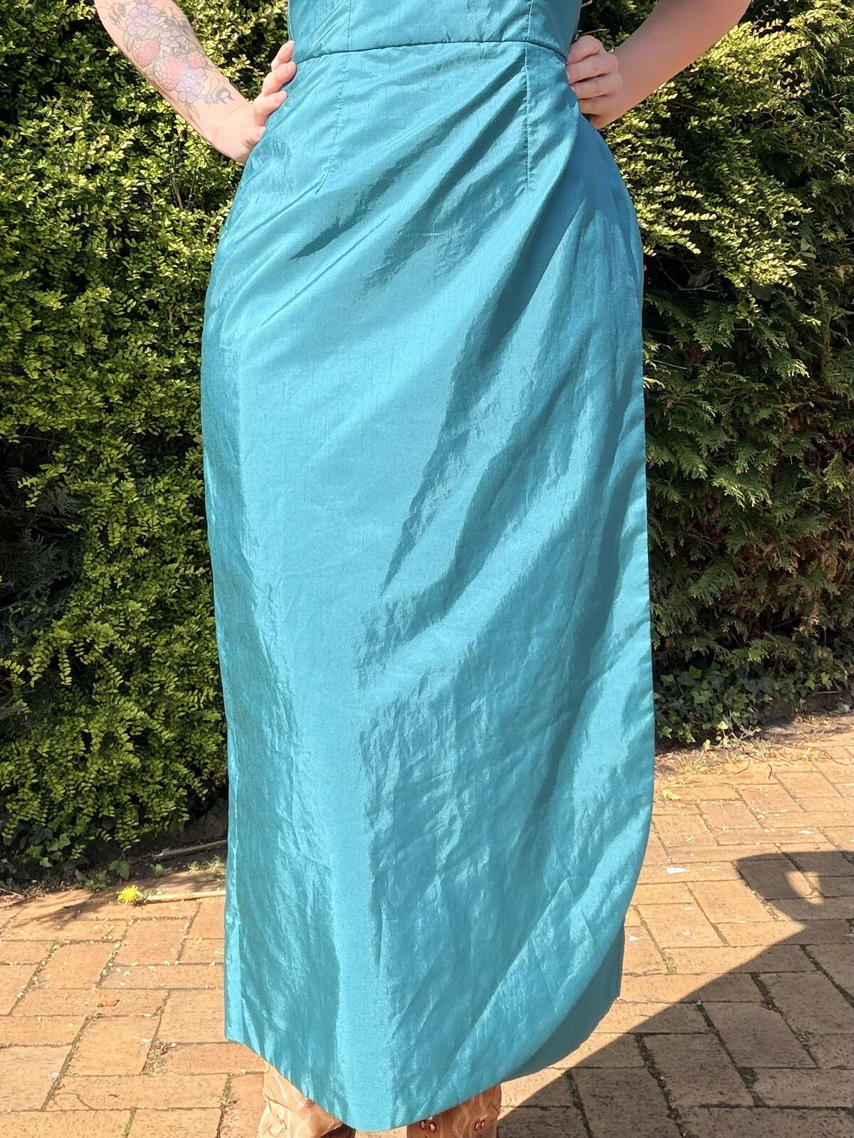 Vintage 1990s Cocktail Dress Teal Puff Sleeve Midi Dress Size 10 with Flowers