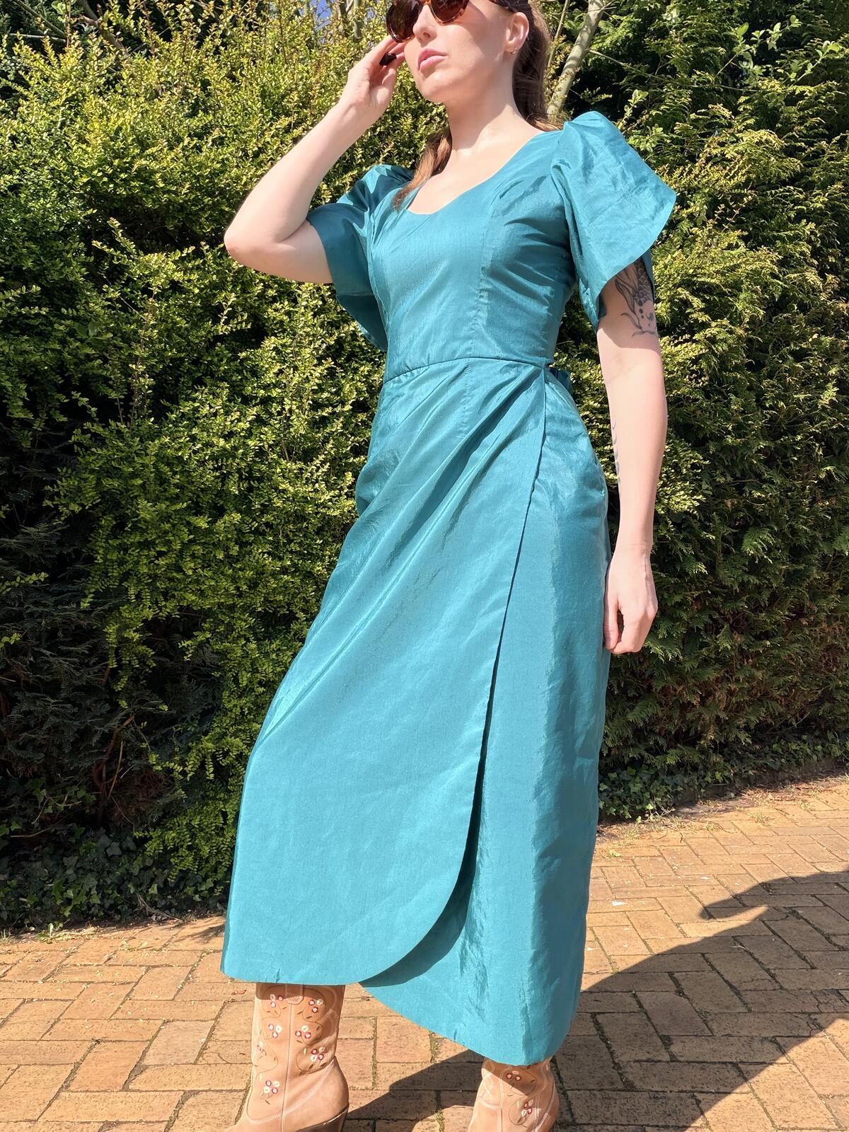 Vintage 1990s Cocktail Dress Teal Puff Sleeve Midi Dress Size 10 with Flowers