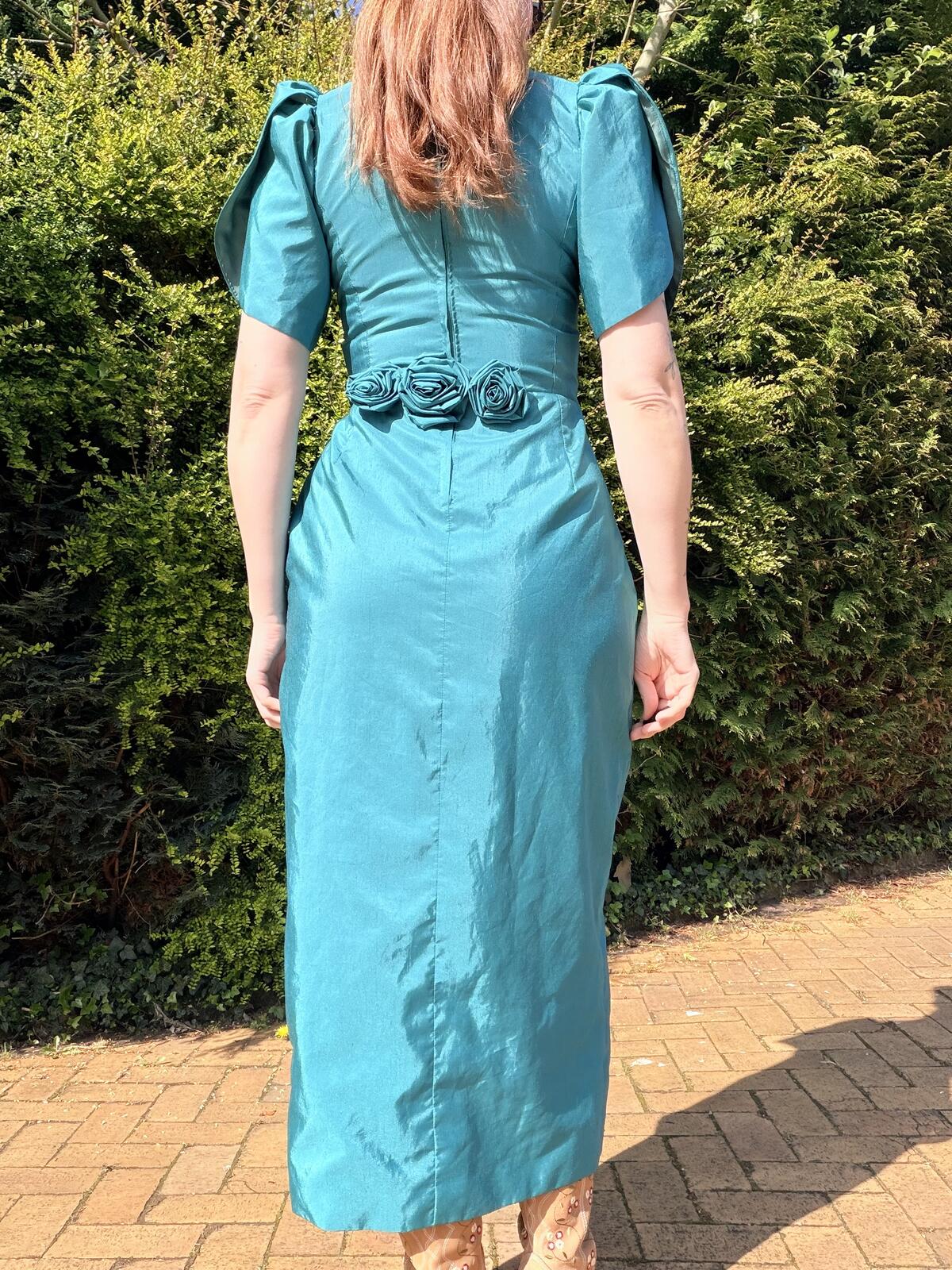 Vintage 1990s Cocktail Dress Teal Puff Sleeve Midi Dress Size 10 with Flowers