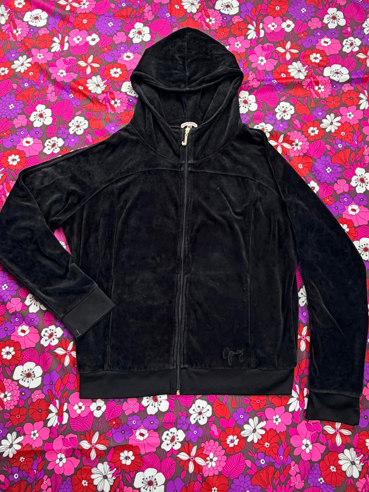 Vintage Y2K Juicy Couture Top Black Velour Zip Up Hoodie with rhinestones XL