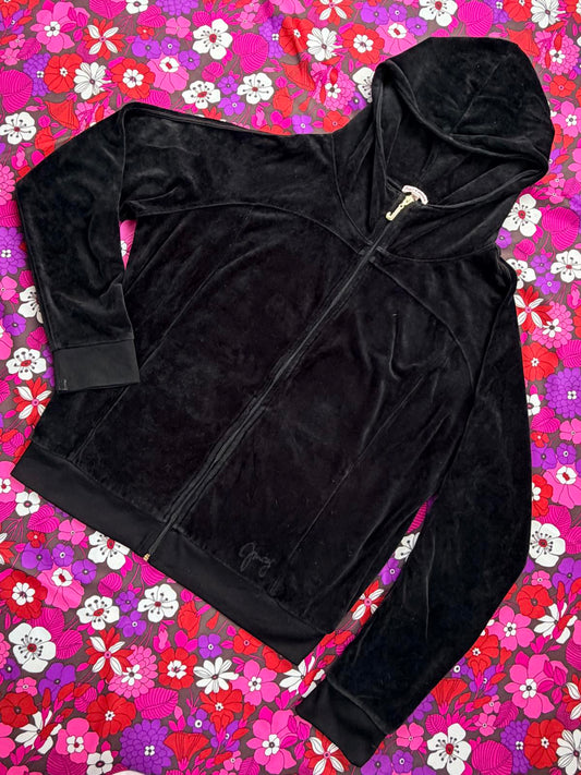 Vintage Y2K Juicy Couture Top Black Velour Zip Up Hoodie with rhinestones XL