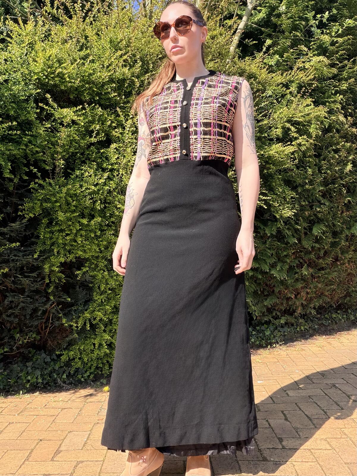Vintage 1970s Maxi Dress Black Size 14 with sparkly Plaid Tartan Bodice