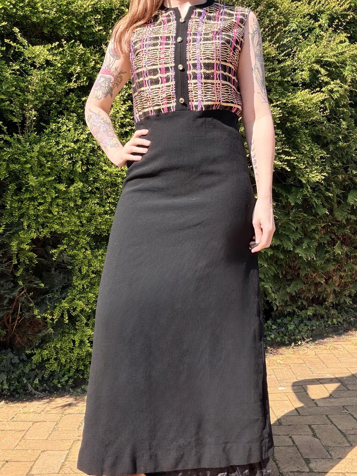 Vintage 1970s Maxi Dress Black Size 14 with sparkly Plaid Tartan Bodice