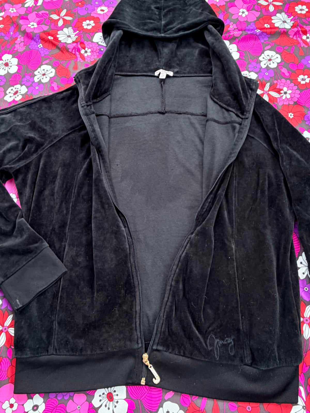 Vintage Y2K Juicy Couture Top Black Velour Zip Up Hoodie with rhinestones XL