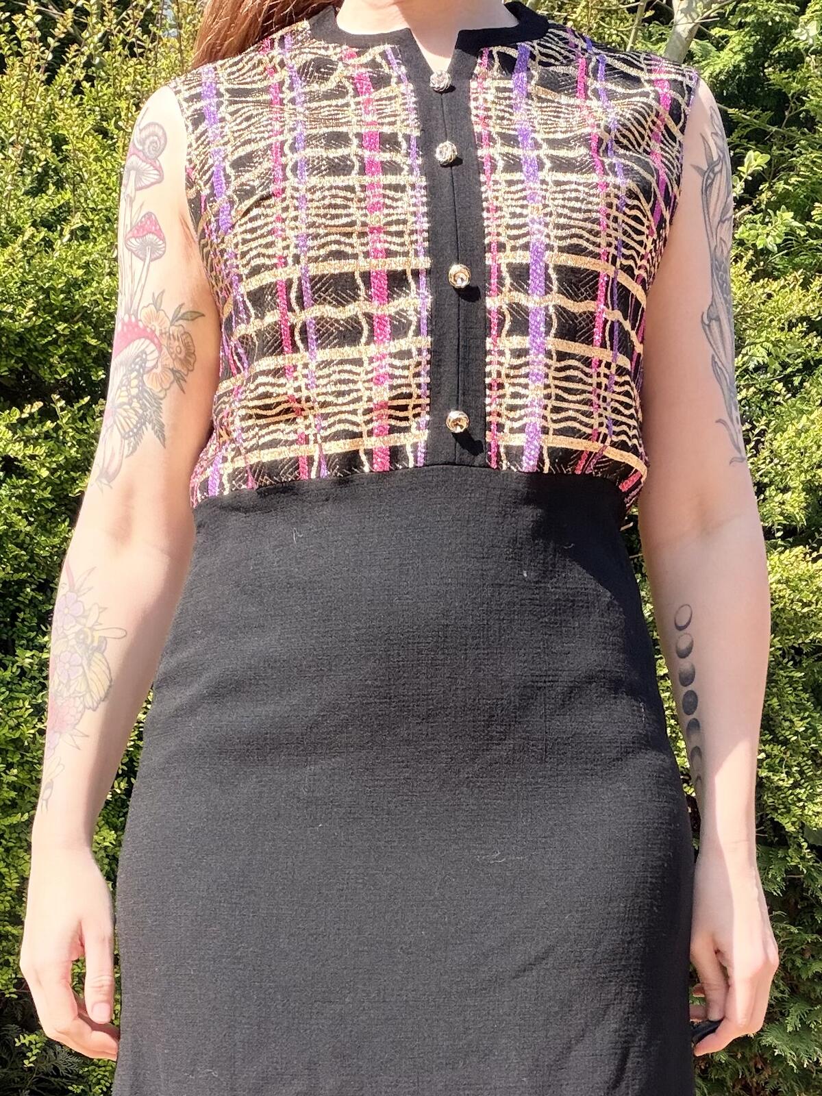 Vintage 1970s Maxi Dress Black Size 14 with sparkly Plaid Tartan Bodice
