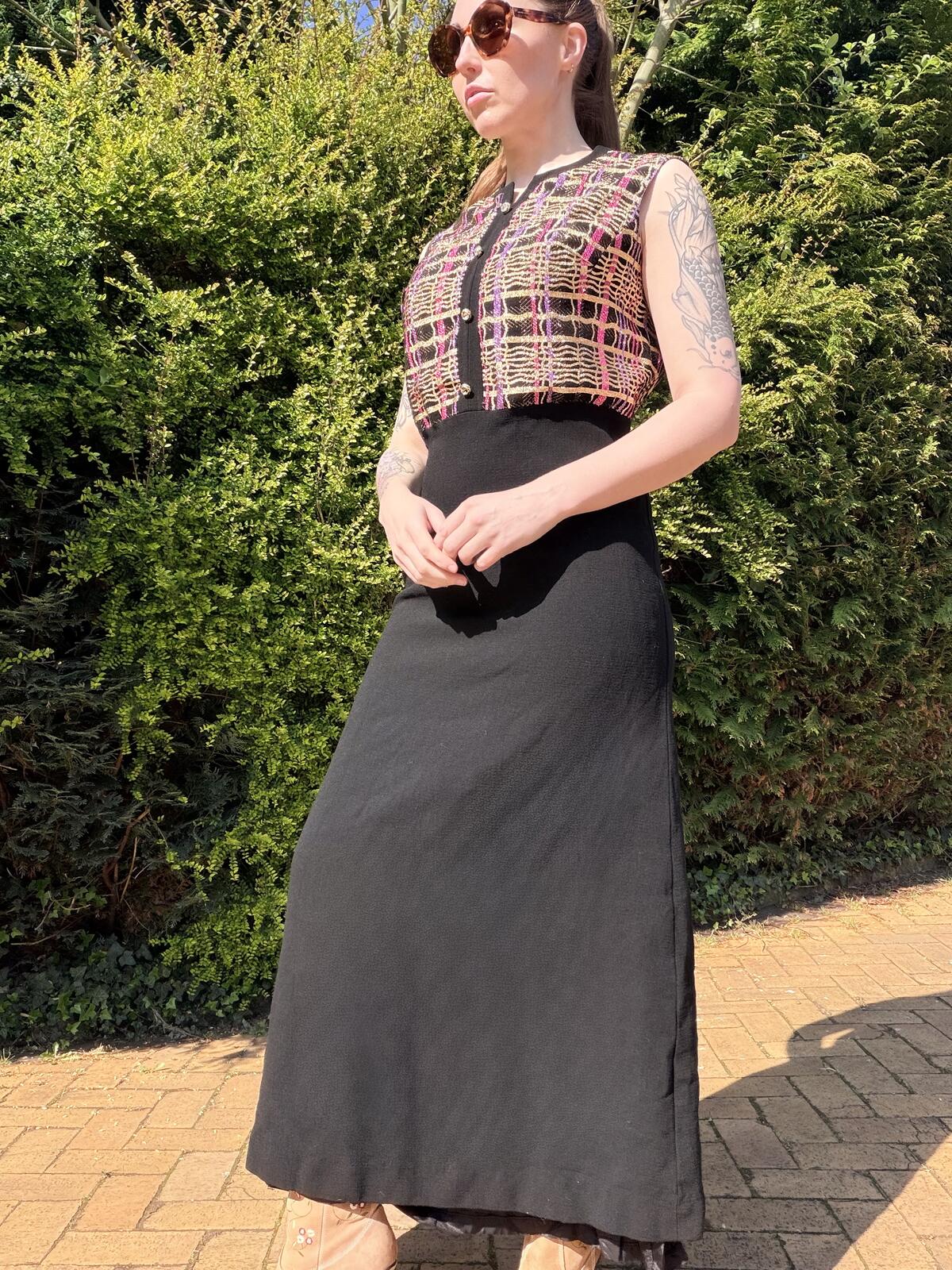 Vintage 1970s Maxi Dress Black Size 14 with sparkly Plaid Tartan Bodice