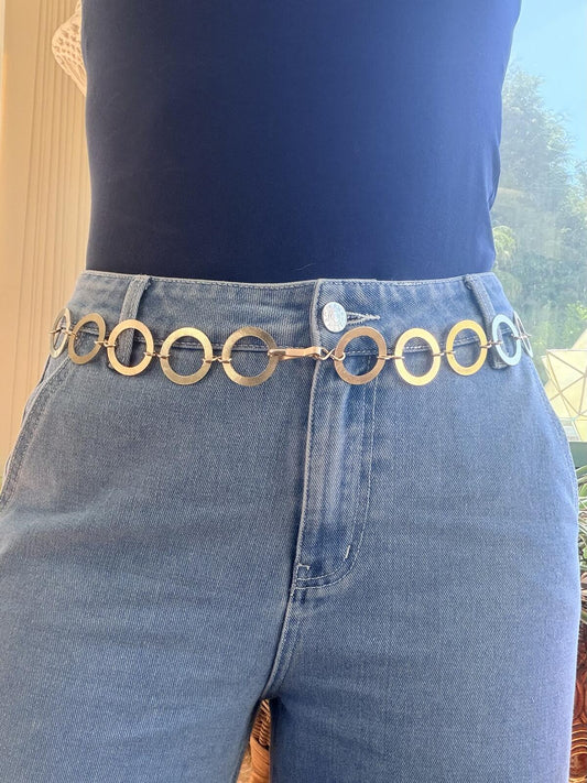 Vintage 1960s Silver Tone Metal Circle Link Chain Belt 34"