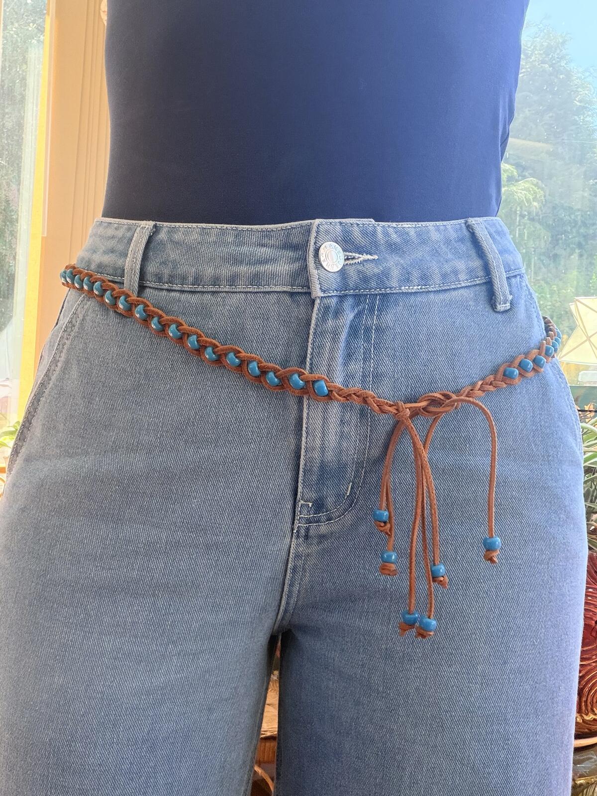 Brown Suede Braided Belt with Blue Beads hippie boho style