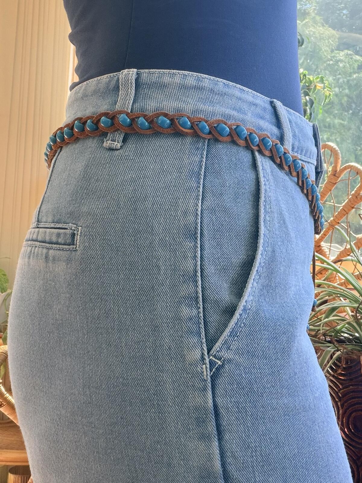 Brown Suede Braided Belt with Blue Beads hippie boho style