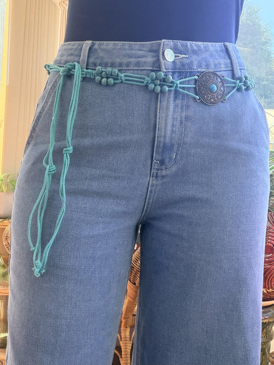 Vintage Bohemian Turquoise Beaded Belt with Ornate Metal Medallions