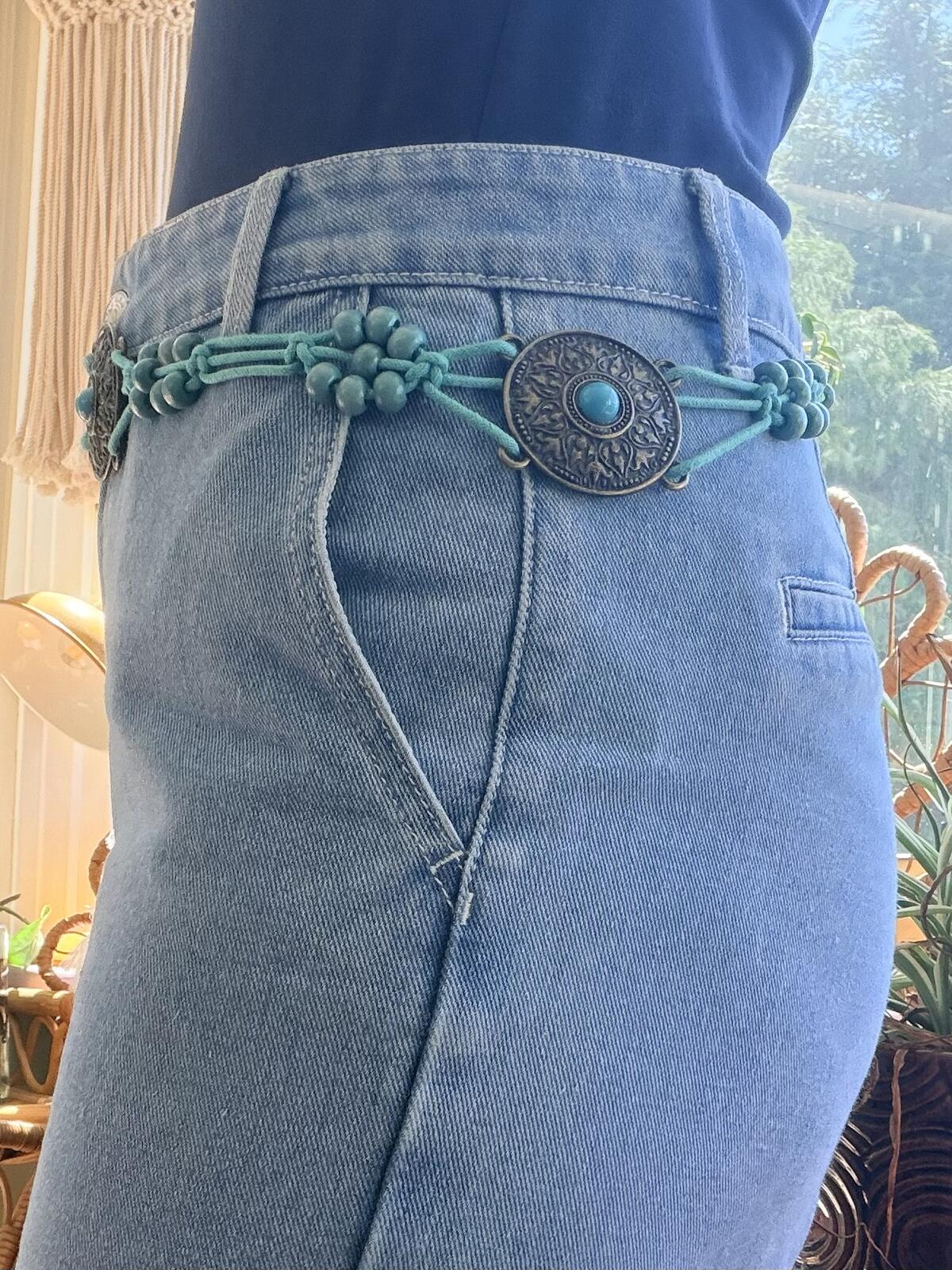 Vintage Bohemian Turquoise Beaded Belt with Ornate Metal Medallions