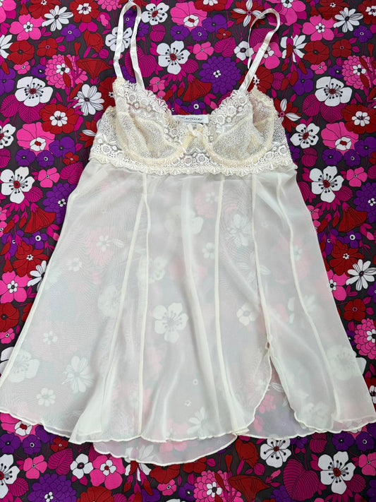 Vintage Y2K Bobydoll Size 10 Ivory Lace Sheer Slip Lingerie Nightie Dress
