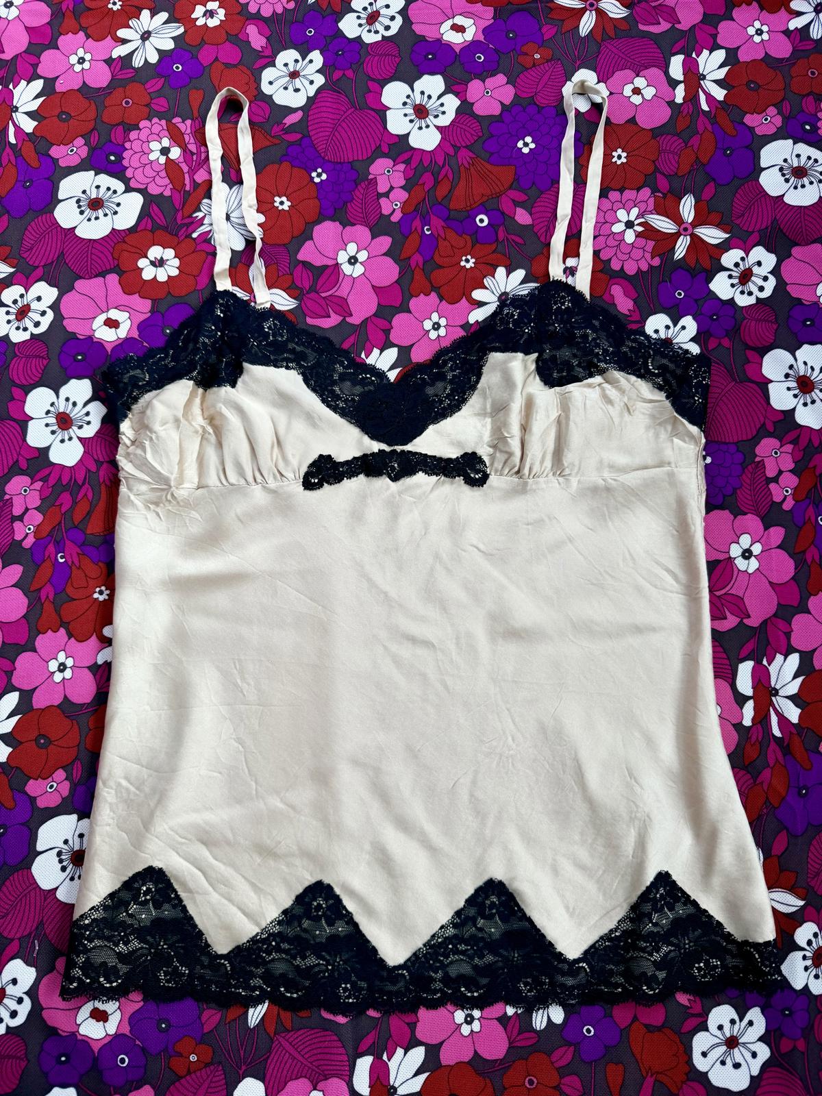 Vintage Y2K Cami Top with lace trim beige and black size 12
